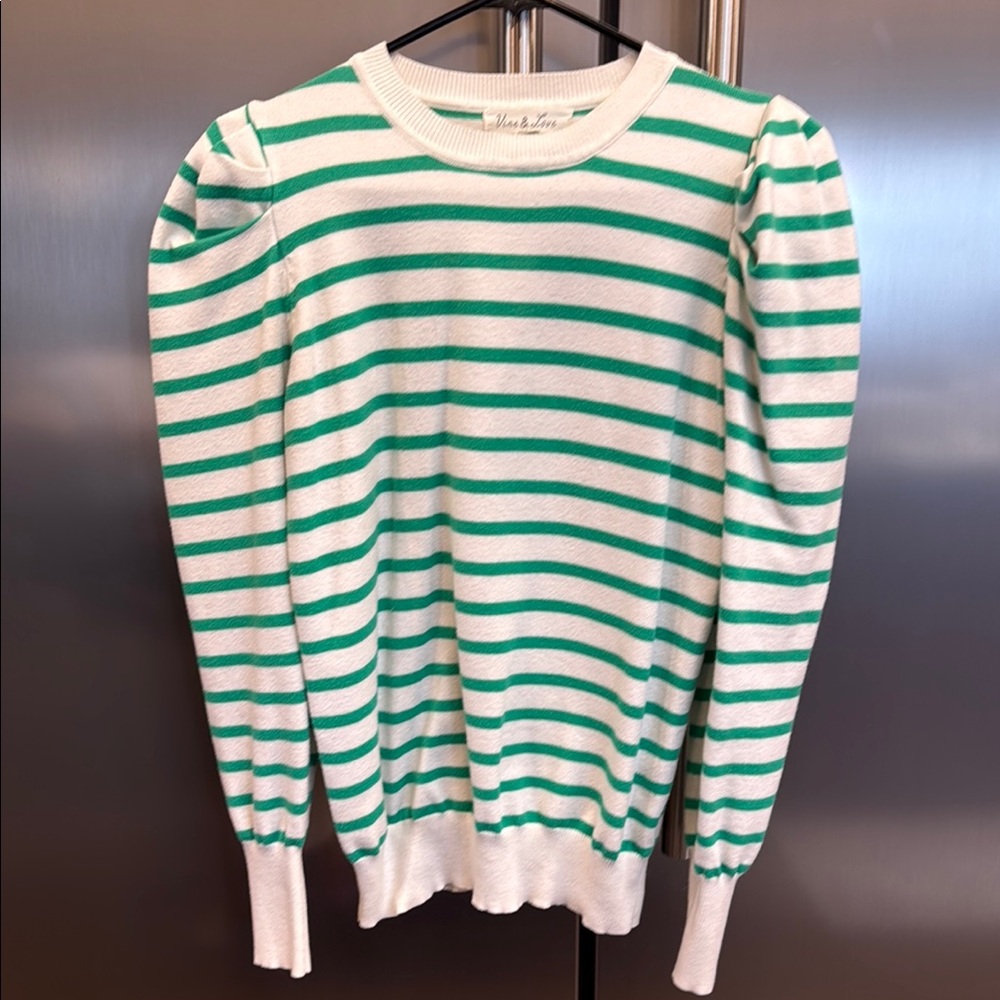 Vine & Love Green and White Striped Crew Neck Sweater with Puffy Sleeves